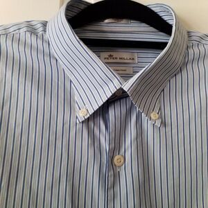 Peter Millar Shirt Mens 2XL Button Up Short Sleeve Blue Pocket Stripped Preppy